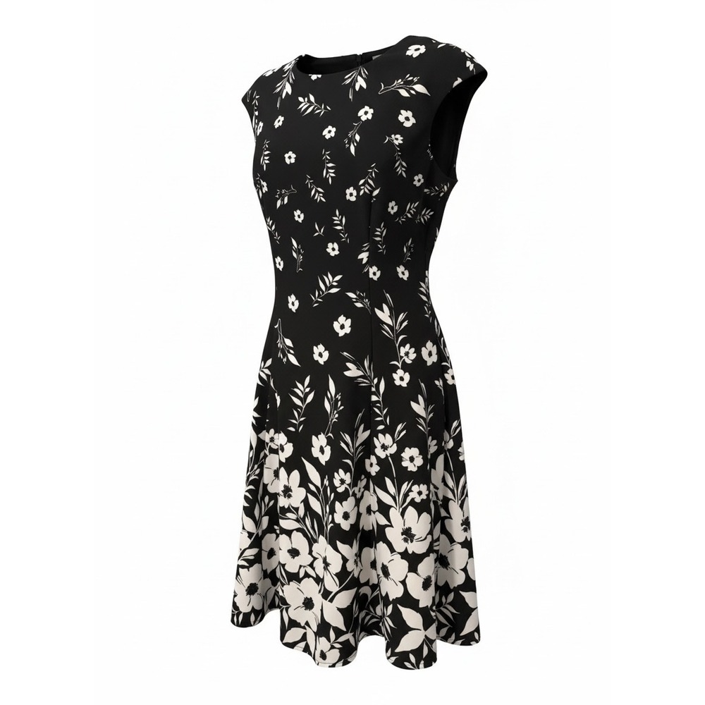 London Times Black White Floral Fit Flare Dress Sleeveless Size 8
